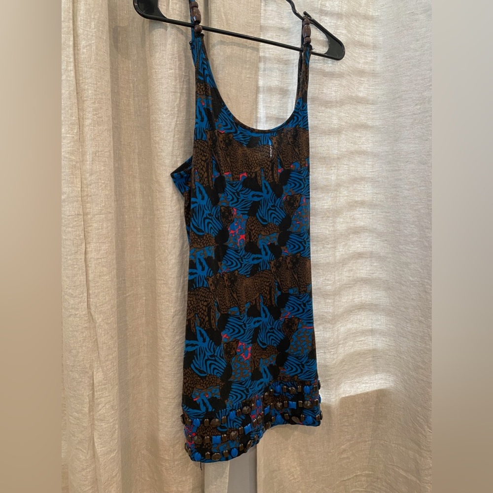 Electric blue tiger print spaghetti strap beaded bottom dress. L but runs small